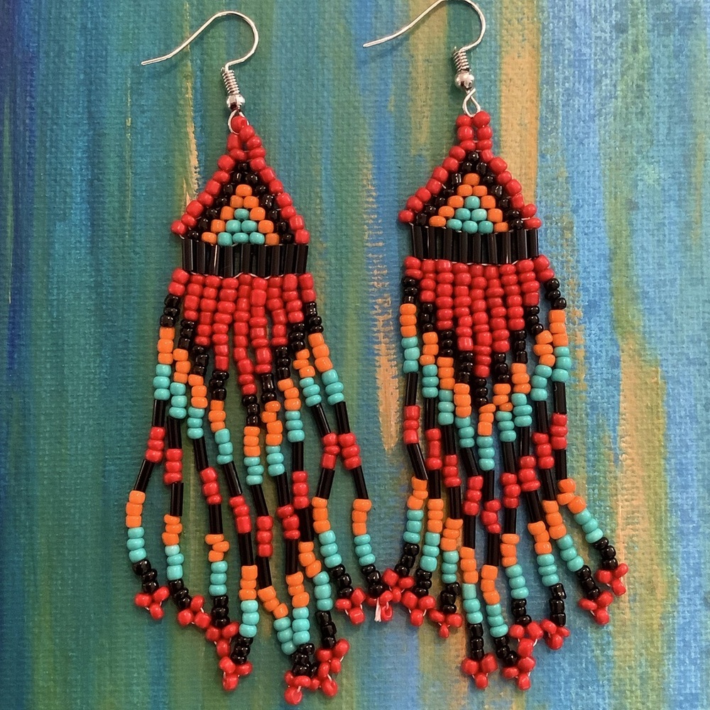 🧡Boho Beaded Tribal Earrings Red Turquoise Orange Black